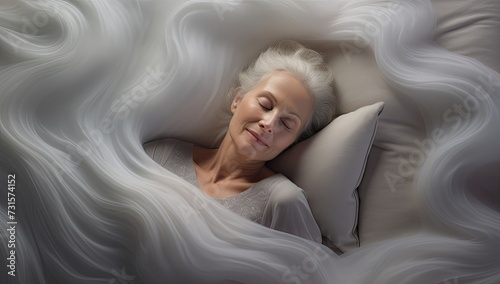 In a tranquil moment of slumber, an older woman rests soundly in bed, her grey hair spread delicately across the pillow, embodying the calm beauty of restful sleep. photo