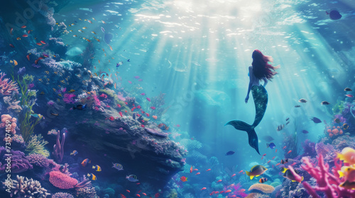 A digital art style portrays a quiet underwater scene featuring a mermaid