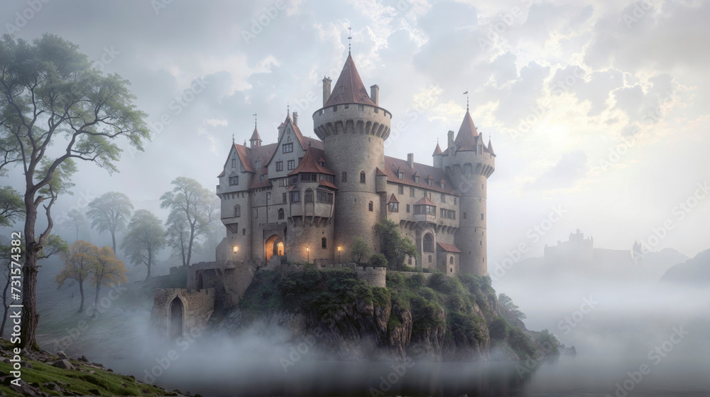 beautiful medieval castle in the fog. generated ai
