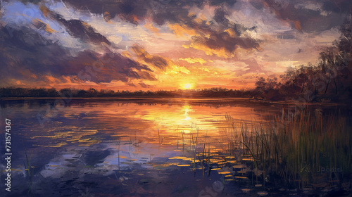 A serene lakeside scene at sunset with visible brushwork. Oil painting photo