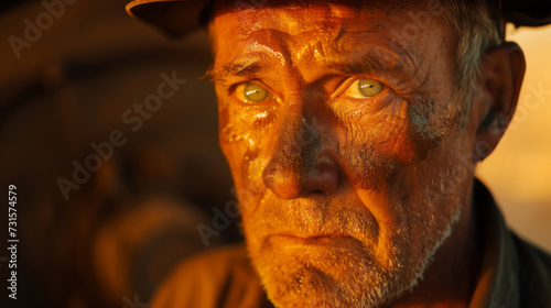 Closeup shot of old miner  face illuminated in the golden hour