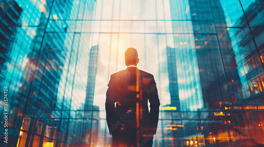 Back of businessman in suit with business office glass modern buildings background Back of businessman in suit with business office glass modern buildings background