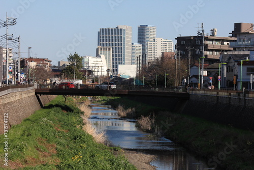 川のある風景。東京・世田谷。野川の先に二子玉川の高層ビルが見える。