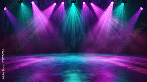 Free stage with lights and smoke, Empty stage with red and greenspotlights, conser, show, party, Presentation concept. multi color spotlight strike on black backgroun, 