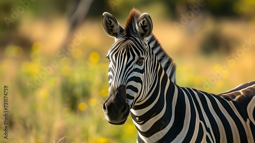 A majestic zebra stands alert in the wild  its stripes a study in contrast. captivating wildlife photography perfect for nature lovers. AI