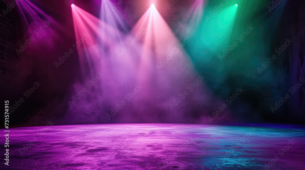 Fototapeta premium Free stage with lights and smoke, Empty stage with red and greenspotlights, conser, show, party, Presentation concept. multi color spotlight strike on black backgroun, 