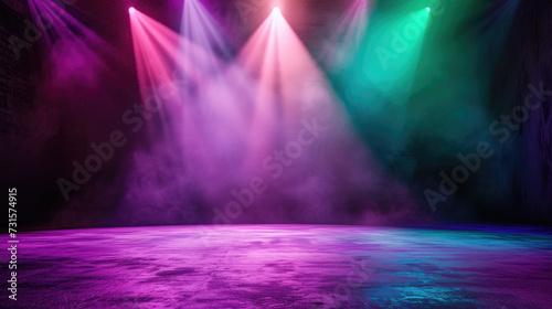 Free stage with lights and smoke, Empty stage with red and greenspotlights, conser, show, party, Presentation concept. multi color spotlight strike on black backgroun,
