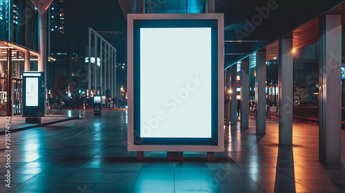 Display, blank clean screen or signboard mockup for offers or advertisement in public area photo