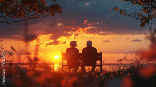 Elderly couple are sitting on bench and looking at beautiful evening sunset, rear view
