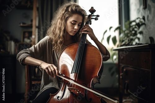 shot of a young woman playing the cello at home