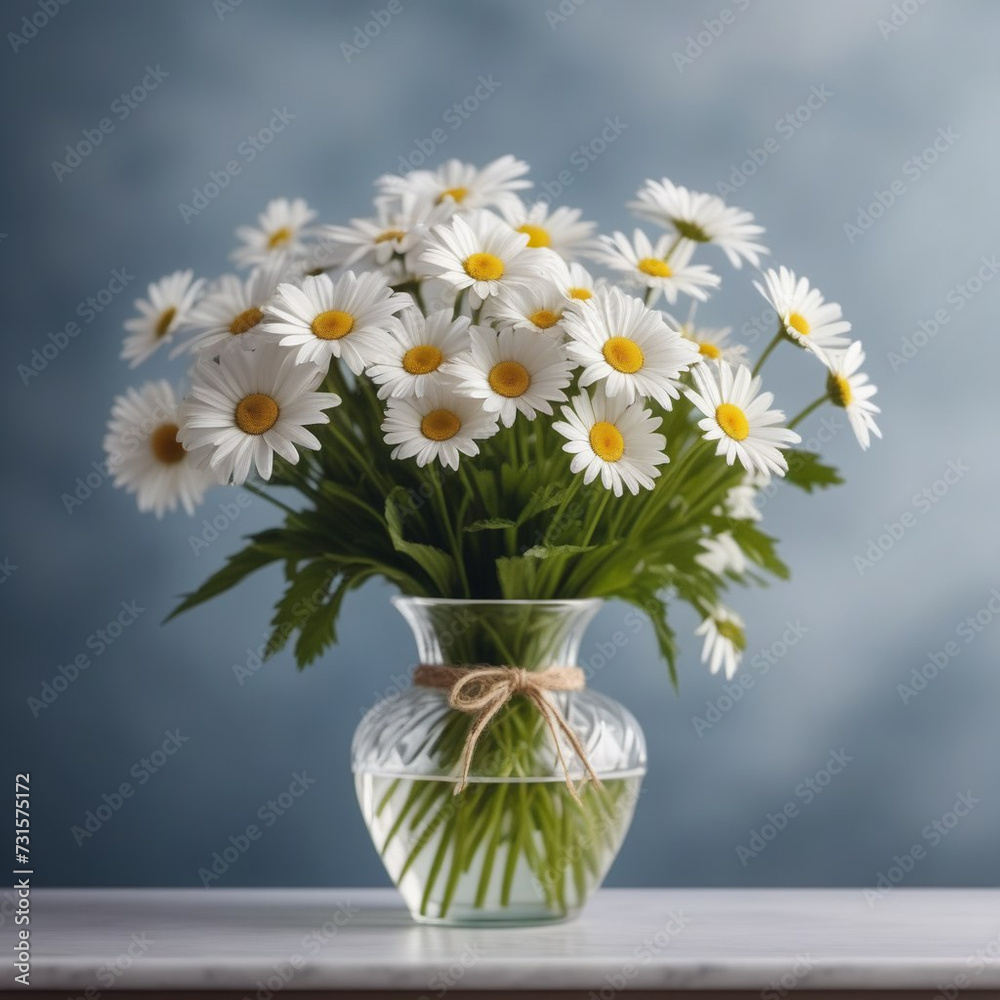 bouquet of white daisies in a glass vase on a table gray background
