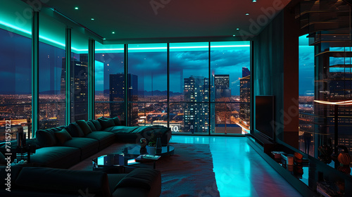 Futuristic extremely expensive bachelor pad high rise penthouse in downtown  tall windows with 360-degree view