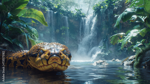 Giant anaconda yellow eyes stalking prey, detailed vegetation and waterfall in rainforest background