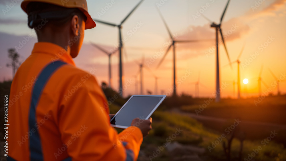 An engineer using tablet on hand with wind turbines in the background An engineer using tablet on hand with wind turbines in the background