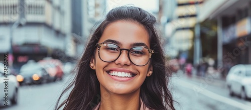 A happy woman with glasses is pleasantly smiling while strolling on a city street, showcasing her excellent vision care and stylish eyewear.