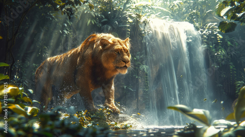 Lion in the amazing rainforest. Beautiful predator animal