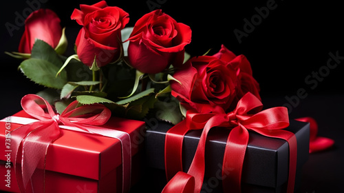 St. Valentine s Day present. Small hearts  candles  a gift box  and red roses bouquet on light background.