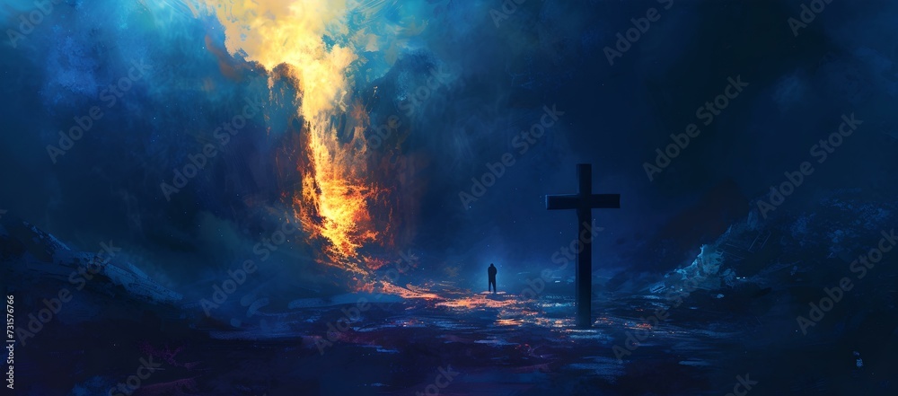 Mystical landscape with fiery phenomenon, lone figure and cross. surreal artwork for creative projects. dramatic scenery depiction. AI Mystical landscape with fiery phenomenon, lone figure and cross. surreal artwork for creative projects. dramatic scenery depiction. AI