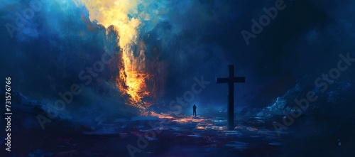 Mystical landscape with fiery phenomenon, lone figure and cross. surreal artwork for creative projects. dramatic scenery depiction. AI