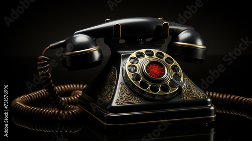 old black telephone with rotary disc on black background