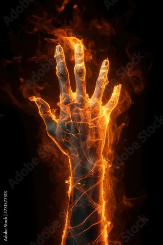 Fire hand burning on dark background