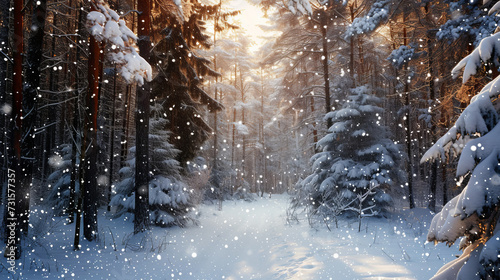Snow in the forest falling through the trees. Beautiful Christmas winter landscape