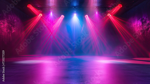 Free stage with lights and smoke, Empty stage with red and violet spotlights, conser, show, party, Presentation concept. red and violet spotlight strike on black background