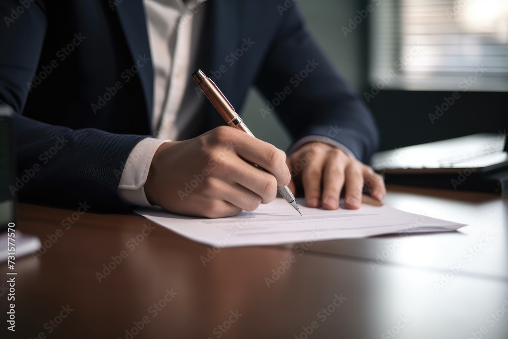 closeup shot of an unrecognizable man signing paperwork while filling out a contract in an office - obrazy, fototapety, plakaty 