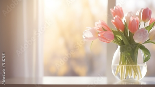 White tulips in a vase. Valentine's flower bouquet. Flowers near the window. Tulips.