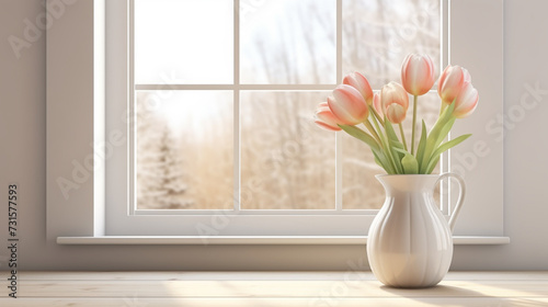White tulips in a vase. Valentine's flower bouquet. Flowers near the window. Tulips.