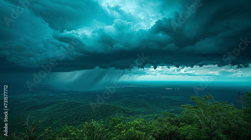 View from the top of a mountain during a thunderstorm, with dark and ominous clouds in the background © standret