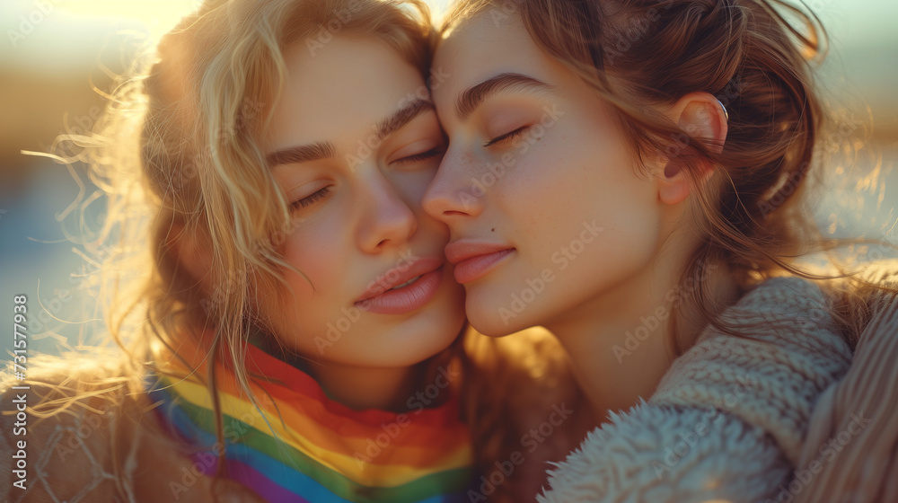 Embraced by Sunshine Happy Lesbian Couple Sharing Love Outdoors