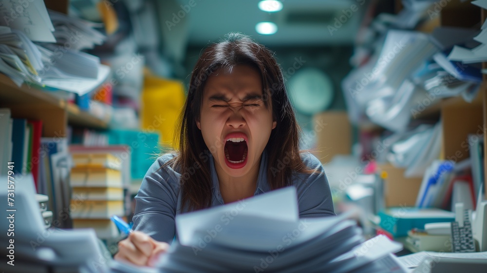 Within the confines of a cluttered office space, a frustrated Asian office worker, overwhelmed with paperwork, shouts in exasperation, epitomizing the theme of a rush at work 