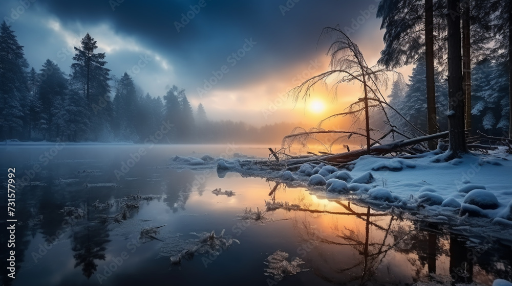 Winter landscape at frozen lake reflected in water mirror