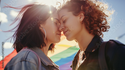 Sun-Kissed Love Lesbian Couple Smiling Happily in Outdoor Portrait