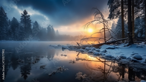Winter landscape at frozen lake reflected in water mirror © alexkich