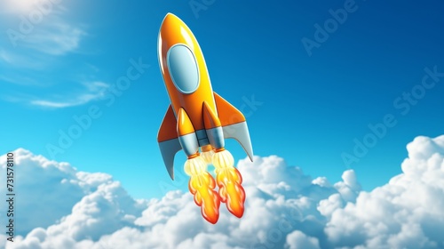 Colorful 3d rocket launches into the expansive sky with ample room for custom text overlay