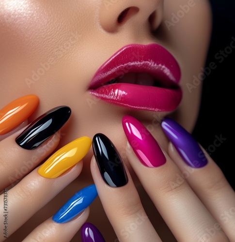 pretty woman with colourful manicure and lips