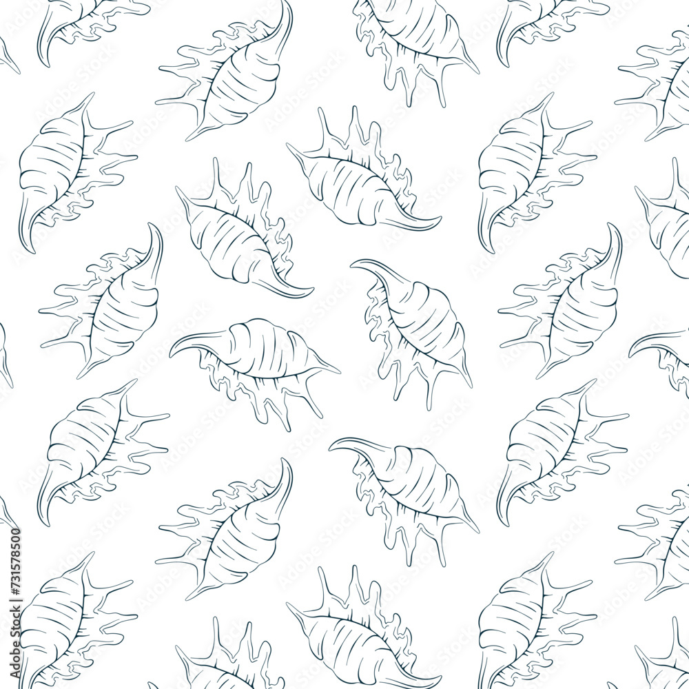 Fototapeta premium Line art seamless pattern with seashells. Hand drawn undersea style. Seamless for fabric design, wrapping paper and print. Vector illustration on a white background.