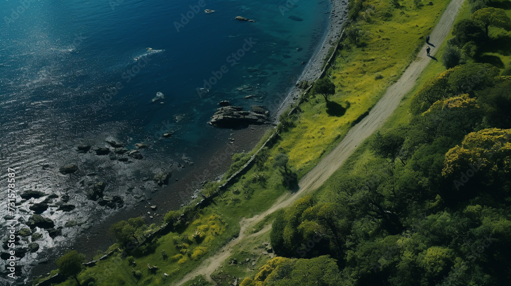 Aerial view of road with green woods by blue lakes water in summer