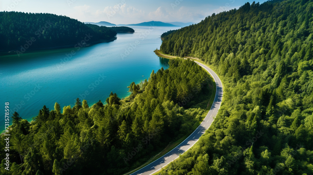 Aerial view of road with green woods by blue lakes water in summer - obrazy, fototapety, plakaty 