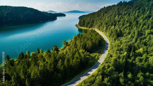 Aerial view of road with green woods by blue lakes water in summer