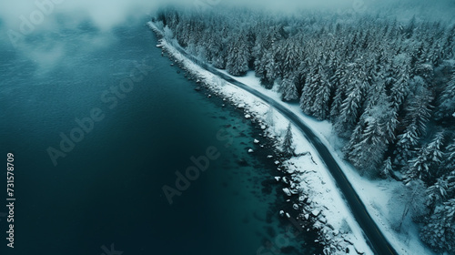 Overhead view of a road through a snow covered landscape © alexkich