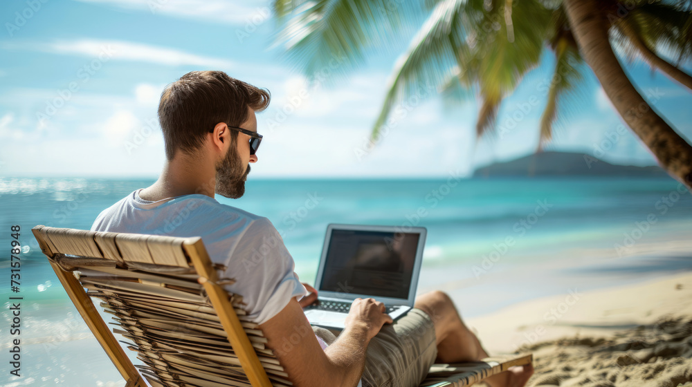 A man works on a laptop while sitting on a beach chair facing the ocean, suggesting a remote, nomadic lifestyle.  Ai generative