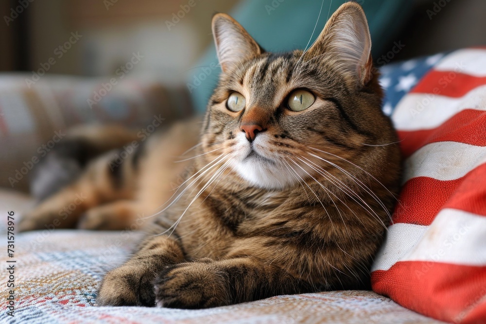 Cat on the American flag: a symbol of unity and comfort