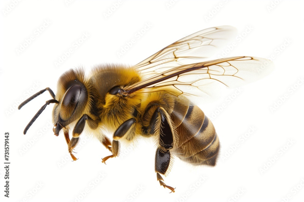 Macro Image of a Golden Fuzzy Bee with Wings and Antennae Isolated on White Background