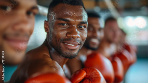 Athletes in boxing attire, expressing happiness with genuine smiles and frien...