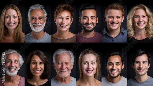 Portraits of smiling men and women in front of a black background. Headshots