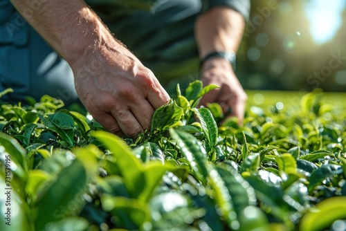 Man picking fresh tea leaves on bright summer field