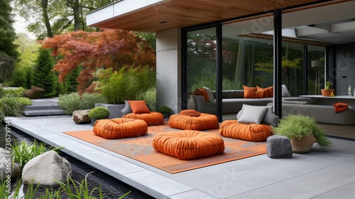 Weather-resistant poufs create a cozy seating area on a contemporary patio or...